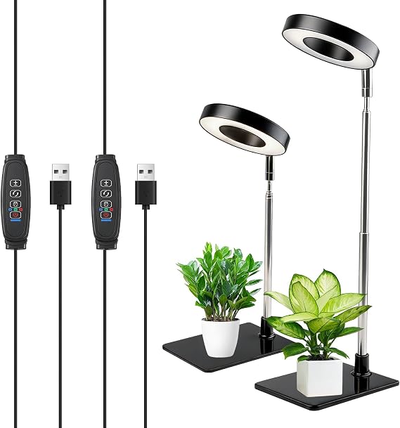 Grow Lights for Indoor Plants,48 LEDs Full Spectrum with Detachable Base Height Adjustable Halo Ring,3 Color Modes 10 Dimming Brightness Auto Timer 3/9/12H for Small Plant Light Growing 2-Pack (Black) [Energy Class A+++]