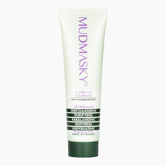 MUDMASKY Glow Up Cleanser 2.0 OZ - pH-balanced - plant-based cleanser, made in France, Gentle on skin, tough on impurities. Low-foaming gel cleanser without SLS and harsh chemicals. Sensitive skin.