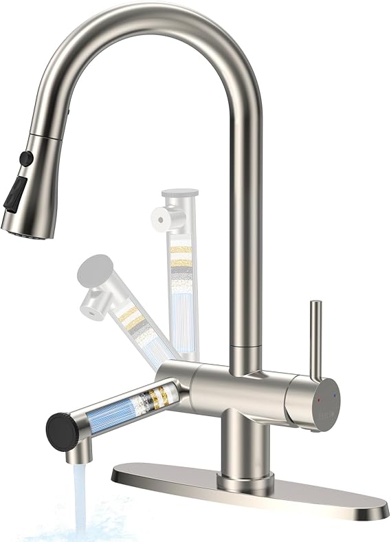 FEELSO Filter Kitchen Faucets with Pull Down Sprayer, Brushed Nickel | High Arc Stainless Steel Kitchen Sink Faucet for 1 or 3 Hole Installation, Reduces Lead, Chlorine, Bad Taste & Odor