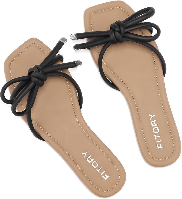 FITORY Women's Flat Sandals Square Open Toe Slide with Cute Knot