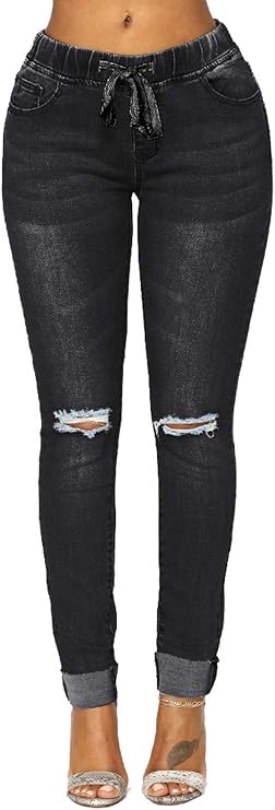 Atditama Womens Jeans Mid Waisted Stretch Ripped Distressed Tummy Control Straight Ankle Frayed Skinny Jean for Women
