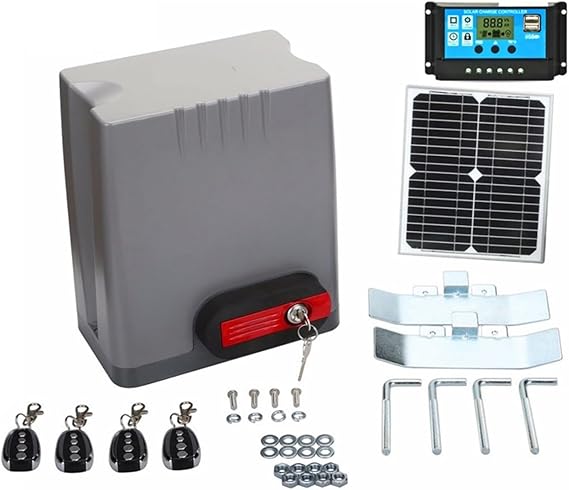 Gate Opener Kit, Auto System 24V 800KG Automatic Sliding Gate Opener with Solar Panel and Controller(24V 800KG 4 remotes)