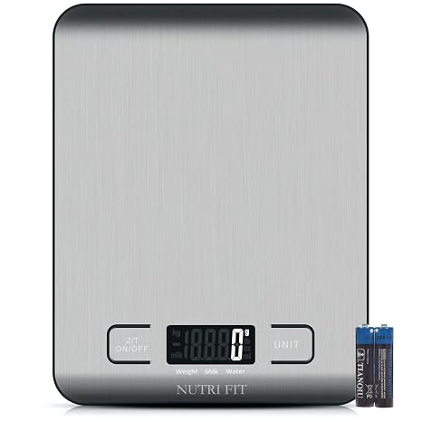 NUTRI FIT Digital Kitchen Scale Stainless Steel Ultra Thin, 5KG/11lb, 1g | Multifunctional Food Weight Scale for Cooking Baking, Units: g/ml/lb:oz/fl'oz, Large Backlit LCD, 2xAAA, Easy Hang Up