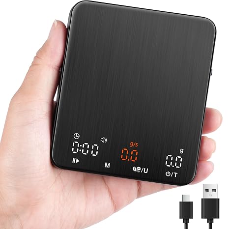 TIPRE Mini Espresso Coffee Scale with Timer & Flow Rate, 2kg/0.1g Precision Digital Coffee Scale, Portable Espresso Scale Rechargeable via USB-C, Triple Brew Modes, LED Display, Mute Mode, g/oz/lb:oz