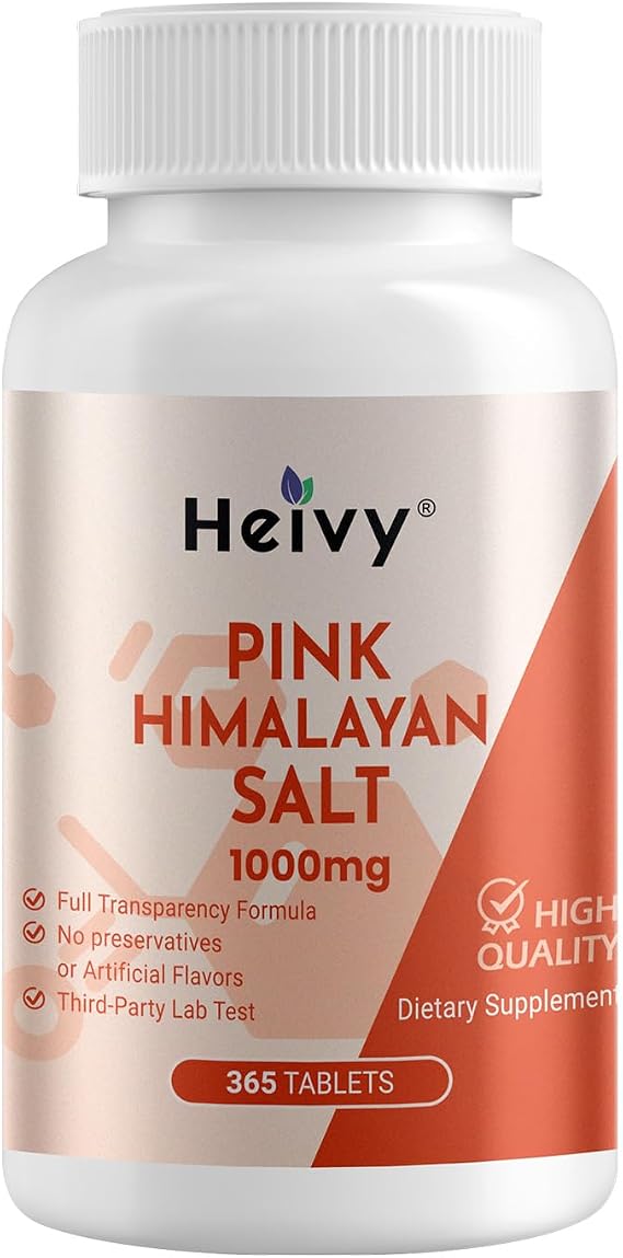 Heivy Pink Himalayan Salt Tablets 1000mg - Sodium Chloride 988mg, 365 Tablets, Non-GMO, Mineral-Rich Electrolyte Balance and Hydration