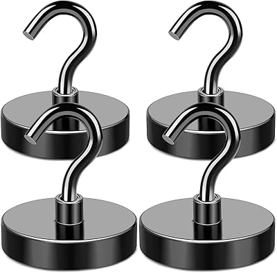MIKEDE Magnetic Hooks, 170LB Super Strong Magnet Hooks Heavy Duty for Cruise Essentials, Black Neodymium Earth Magnets with Hook for Hanging, Magnetic Metal Hanger for Fridge, Toolbox - 4 Pack