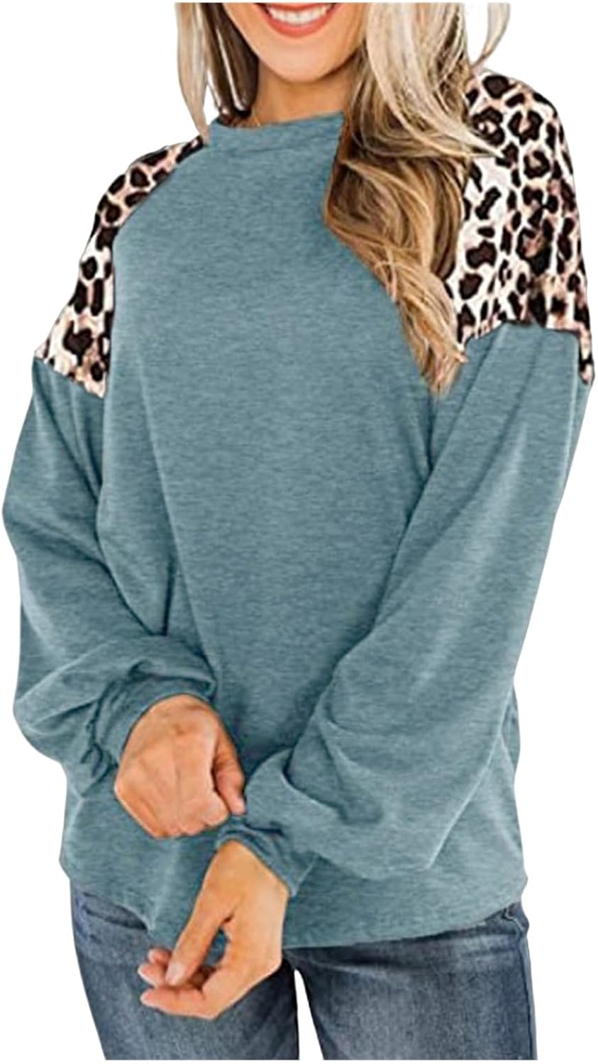 Womens Pullover Hoodies Casual Leopard Color Block Long Sleeve Sweatshirts Oversized Crewneck Causal Blouses Tops