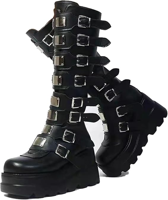 Womens Wedge Platform Knee High Boots Round Toe Zip Combat Goth Punk Motorcycle Booties Zip up With Metal Buckles