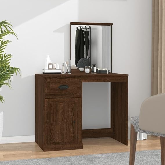 Brown Oak Dressing Table with Mirror 90x50x132.5 cm Engineered Wood Vanity Desk for Makeup and Storage