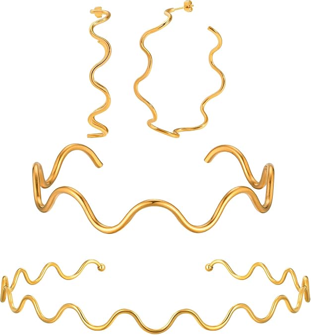 Gold Plated Wave Jewelry Set for Women, Stainless Steel Line Design Necklace Choker & Large Hoop Earrings & Bracelet, Minimalist Matching Set