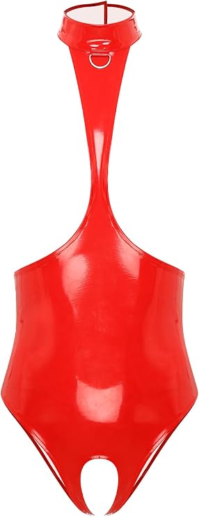 Women Shiny Wet Look Patent Leather Cutout Bodysuit High Cut Leotard Catsuit Skinny Jumpsuit
