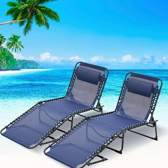 Folding Chaise Lounge Pool Set of 2,Patio Sun Tanning Chair,Outdoor Lounge Chair with 4-Position Reclining Back,Breathable Mesh Seat for Beach.