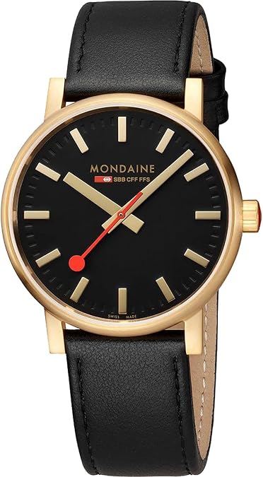 Mondaine Official Swiss Railways Watch EVO2 | Gold Plated/Black Leather Strap