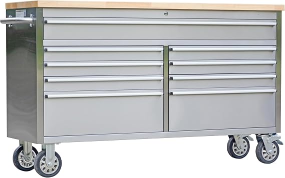 61" Heavy-Duty Rolling Tool Chest & Mobile Workbench with 9 Drawers, Rubber Wood Top and 4 Wheels, Steel Storage Cabinet for Garage, Workshop, Warehouse,Silver