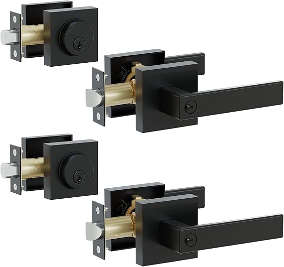 Front Door Lock Set,Keyed Alike Heavy Duty Exterior Door Lock Set,Entry Door Handle and Single Cylinder Deadbolt Combo for Office and Home Security, Reversible for Right and Left Side, 2 Pack