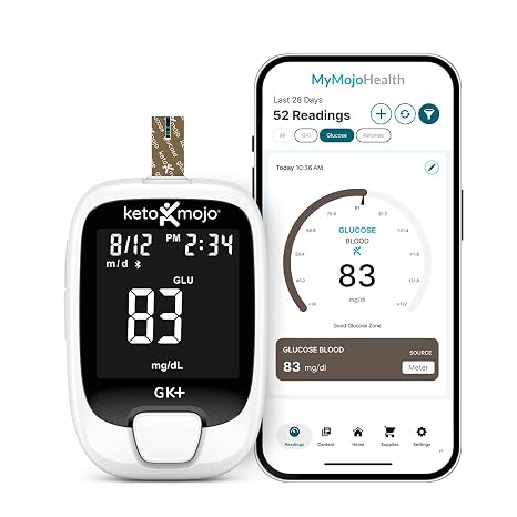 KETO-MOJO GK+ Blood Glucose Monitor, 70 Strips, Diabetes, HSA/FSA | Bluetooth sync Free MyMojoHealth app 70 glucose strips Lancing device Lancets Control solutions FDA-cleared