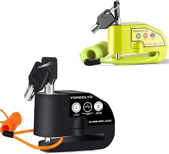 YOHOOLYO Alarm Disc Lock Black and YOHOOLYO Motorcycle Lock Green Anti-Theft Waterproof 110 dB 7mm Pin 5ft Reminder Cable for Motorcycles Bike Scooter Carry Pouch