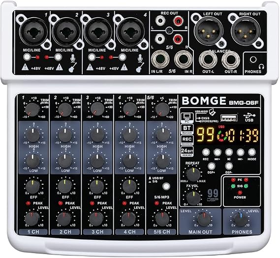 BOMGE 6-Kanal Mini-DJ-Audio-Mixer mit MP3-USB Bluetooth-Stereo-Aufnahme 48-V-Phantomspeisung und 99 DSP für Karaoke-Streaming