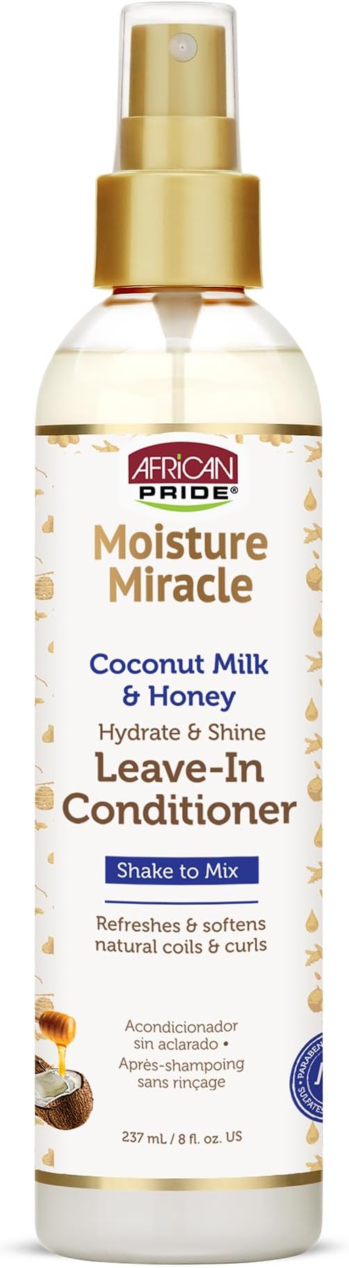 African Pride Moisture Miracle Coconut Milk & Honey Leave-In Conditioner - Refreshes & Softens Natural Coils & Curls, Hydrates & Shines Hair, 8 oz