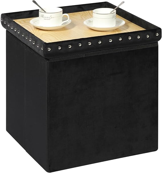 B FSOBEIIALEO Storage Ottoman Cube, 15.7" Velvet Folding Ottoman, Black