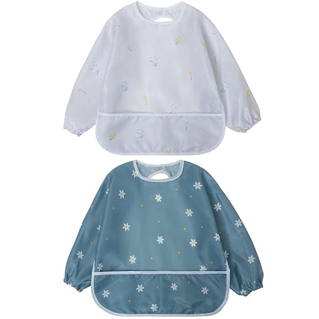 Little Dimsum Baby Bibs with Sleeves Waterproof Washable Sleeve Bibs Baby Bibs Set for Toddlers with Large Bag (6-36 Months) - Pack of 2