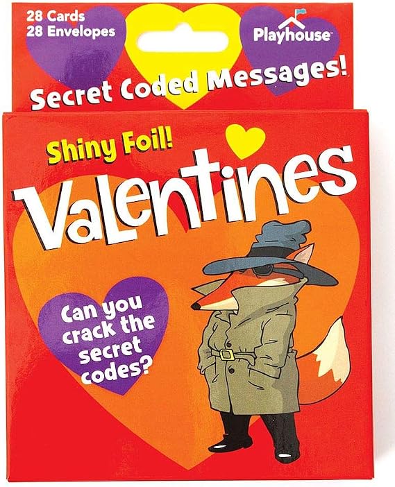 Playhouse Secret Codes Shiny Foil 28 Card Valentine Exchange Box with Envelopes for Kids