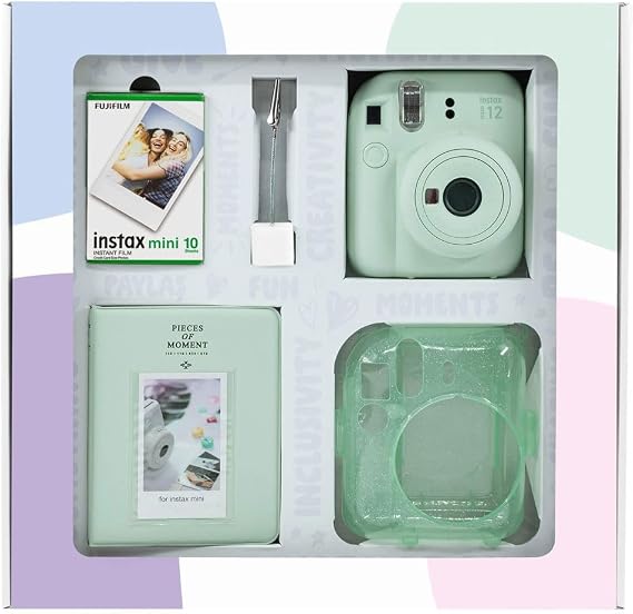 Instax mini 12 Green Camera 10-Piece Film Glitter Plexiglass Case PVC Album and Clamp Picture Stand Bundle Box