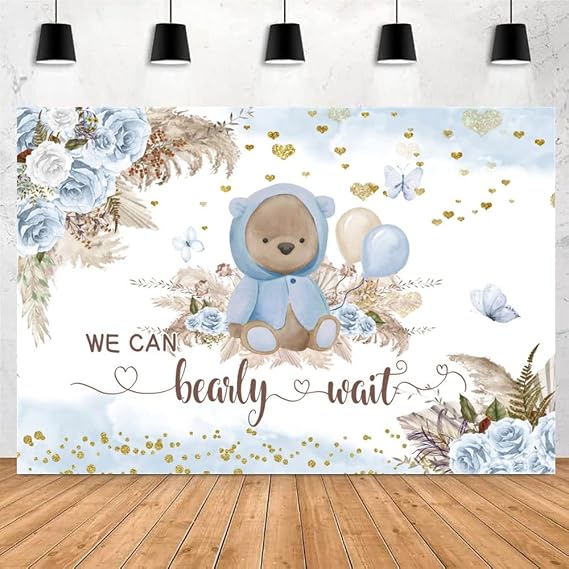 We Can Bearly Wait Backdrop for Boy's Boho Baby Shower Party Decorations 10x8ft Blue Floral Bohemian Pampas Grass Lovely Bear Baby Shower Decorations Banner Photography Background