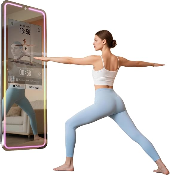 Smart Gym Mirror for Home Workout | 32" HD Touch-Screen Android OS | 63" Reflective Surface | No VIP Fees Support Various APPs, Music Sync LED Light Strip, for Home Gym/Yoga/Dance