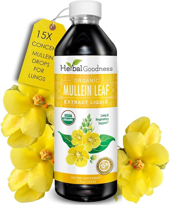 Herbal Goodness Mullein Leaf Extract Drops for Lungs 12 Fl Oz