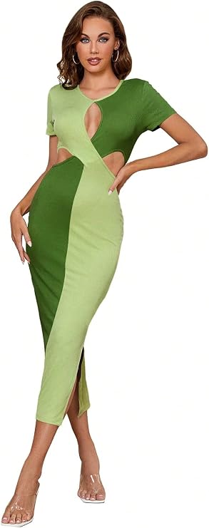WDIRARA Women's Sexy Cut Out Keyhole Front Dress Split Side Hem Colorblock Short Sleeve Bodycon Casual Maxi Dresses