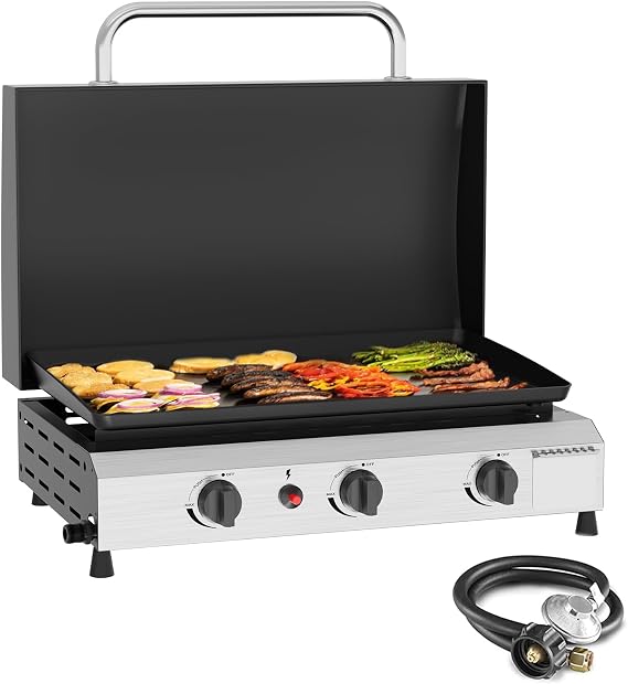 SKOK 3 Burners Outdoor Tabletop Gas Griddle with Hood, Flat Top Grill
