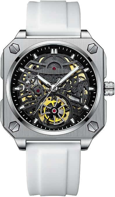 Trendy Hollowed Out Square Men Watch Skeleton Tourbillon Fully Automatic Mechanical Wristwatch Transparent Waterproof Luminous Watches