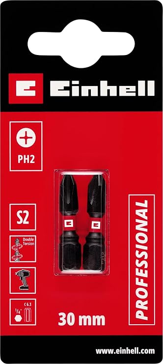 Orijinal Einhell Çift Torsiyonlu Darbeli Bit Seti, 2 Parça, 30 mm, PH2 (S2 Çelik, Yüksek Dayanıklılık, Çift Torsiyon Etkisi, Kırmızı Renk Halkası, C 6.3 Sap) - 49132020