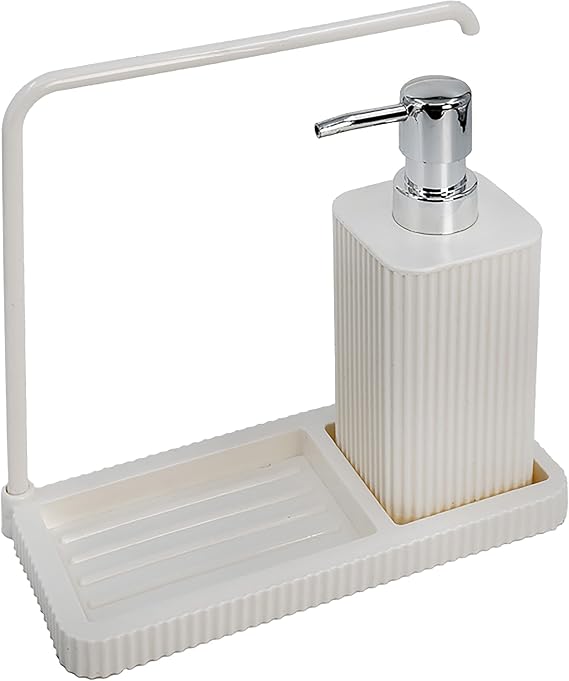 Promosyonca Modern Mutfak Sıvı Sabunluk Seti, Plastik, Askılı Tasarım, 20.5x20x9 cm, Damlalıklı Stand (Beyaz)