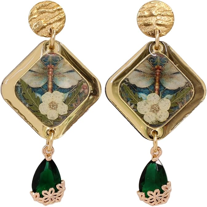 LND Pressed Flower Stud Earrings, Gold-Tone, Green Crystal and Real Floral Design, 2 Inch Stud