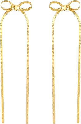Rbenxia Bow Earrings for Women, Gold Plated Bow Dangle Drop Earrings, Long Tassel Chain Ribbon Bowknot Trendy Prom Earring Gold Jewelry Gifts for Her