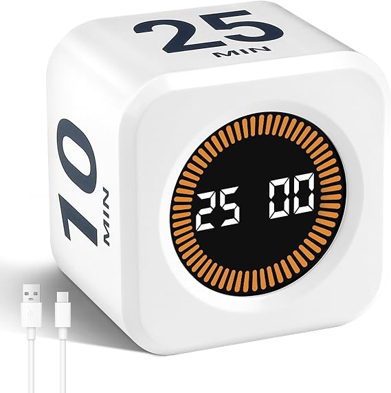 Cube Timer, Visual Rotating Pomodoro Timer with Gravure Receptor, 5-10-25-50 Minutes, Storeable Customized Countdown Mute & Ring Alert Count Up/Down for Study Kitchen Office Desk White