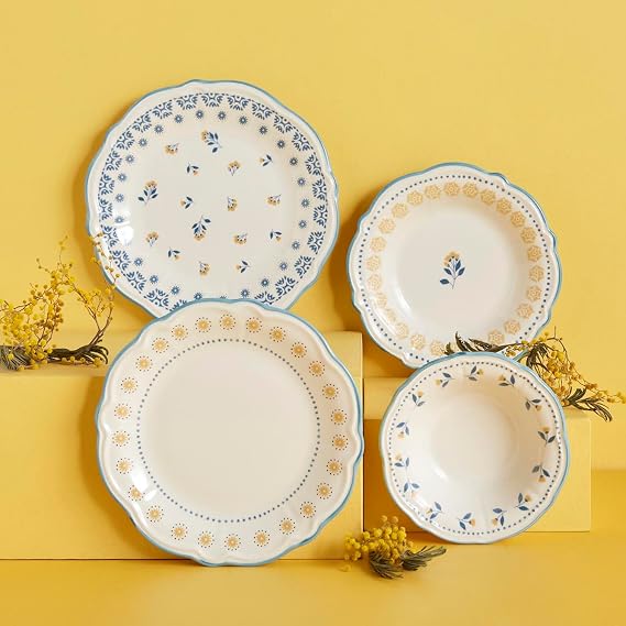 BELLA MAISON Mabel Patterned 100% Stoneware Dinnerware, Blue, 6 Persons (6 Dinner Plates: 21.5 cm / 6 Cake Plates: 20.5 cm / 6 Soup Bowls: 15.5 cm / 6 Serving Plates: 25.5 cm)