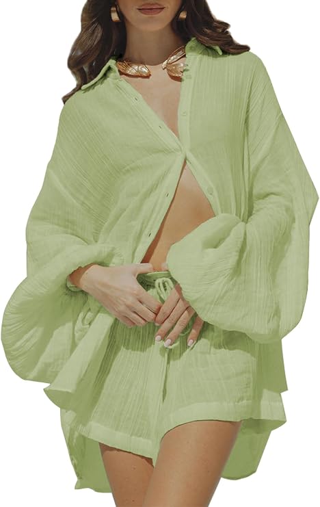 Fixmatti Women 2 Piece Outfits Summer Shorts Sets Lantern Sleeve Button Down Shirt and Shorts Sweatsuit