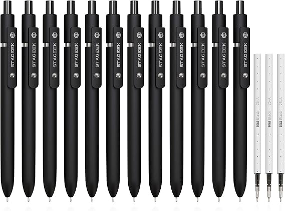 STAGEEK 12 Pcs GX3 Black Gel Pens, Quick Dry Smooth Writing, with 3 Refills | Black Ink Pens, 0.7mm Fine Point, Retractable, Office, School Supplies, Journaling & Note Taking, for Nurses, Teachers