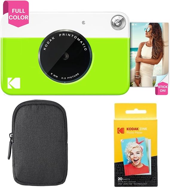 Kodak Printomatic Instant Camera (Green) Basic Bundle + Zink Paper (20 Sheets) + Deluxe Case + Comfortable Neck Strap