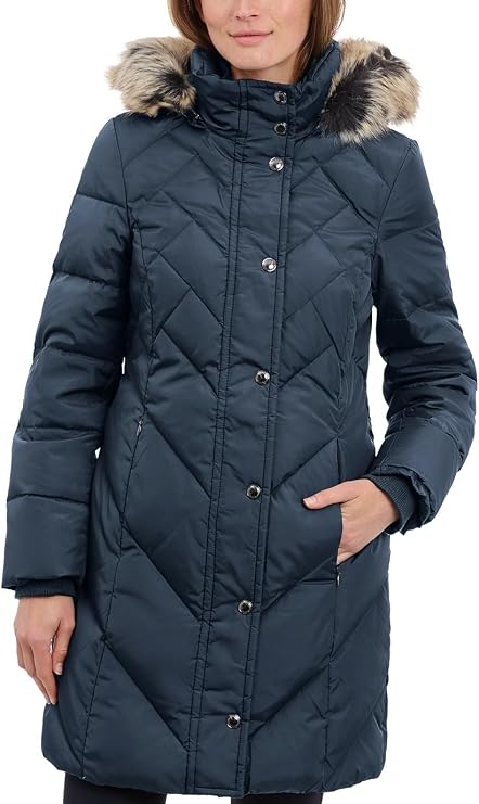 LONDON FOG womens 36" Snap Front Down Coat With Multi Pattern Quilt and Hood