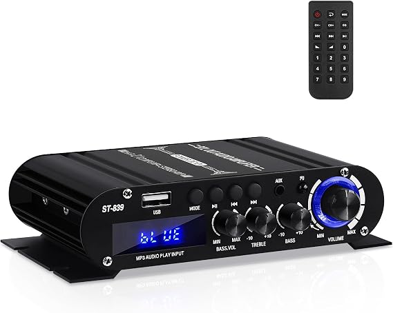 ST-839 Bluetooth Stereo Amplifier 2.1 Channel Audio Amp RMS 25Wx2+40W | Mini Audio Power Amplifiers for Home Speakers Subwoofer Amps with Treble & Bass, BT/USB/AUX, DC 12V/5A