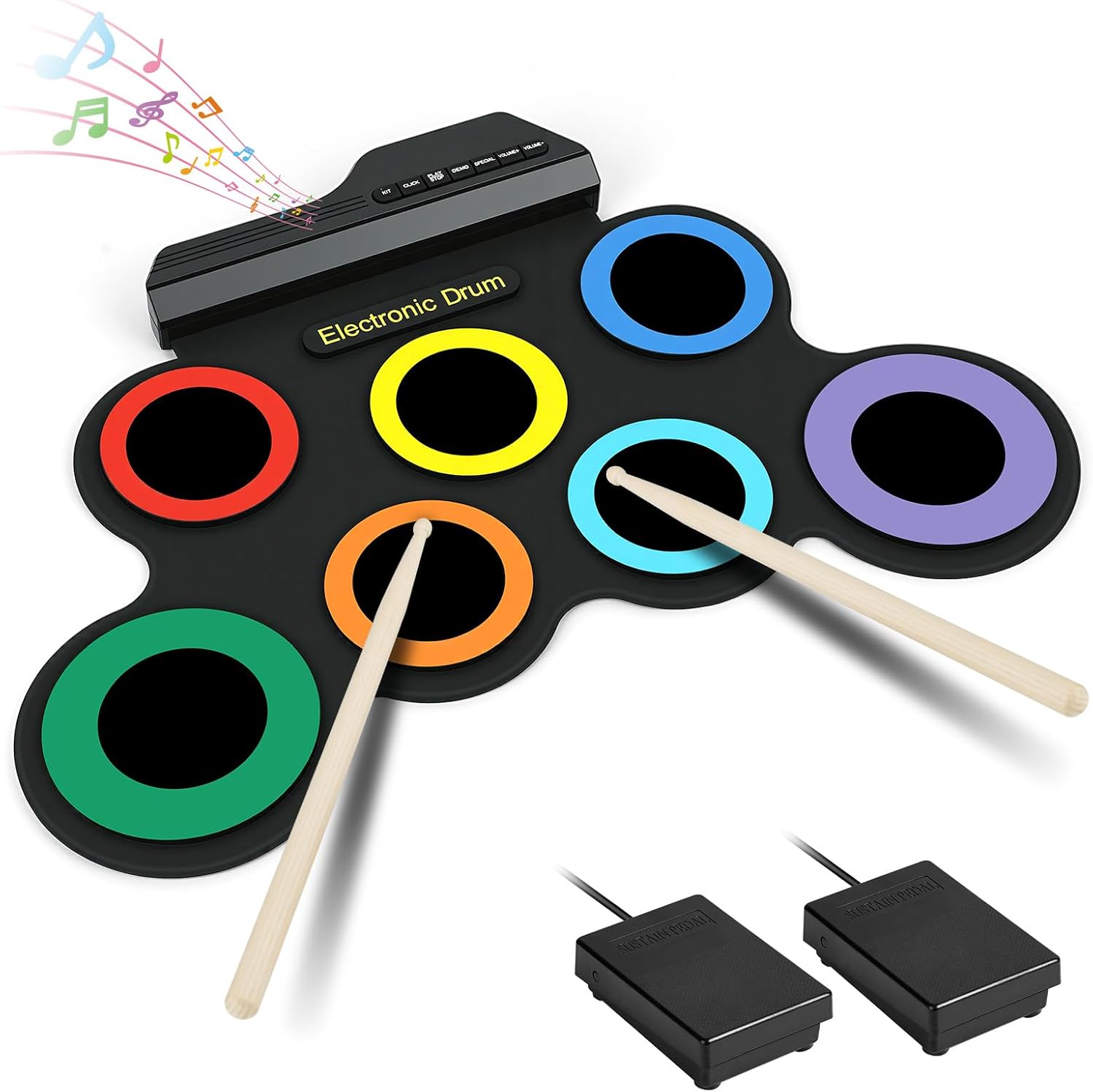 OFFCUP Electric Drums Roll Up Drum Kit with 7 Drum Pads Foldable Electronic Drum Kit with 3.5 mm Headphone Jack Speaker Wooden Sticks and Pedals for Beginners and Children