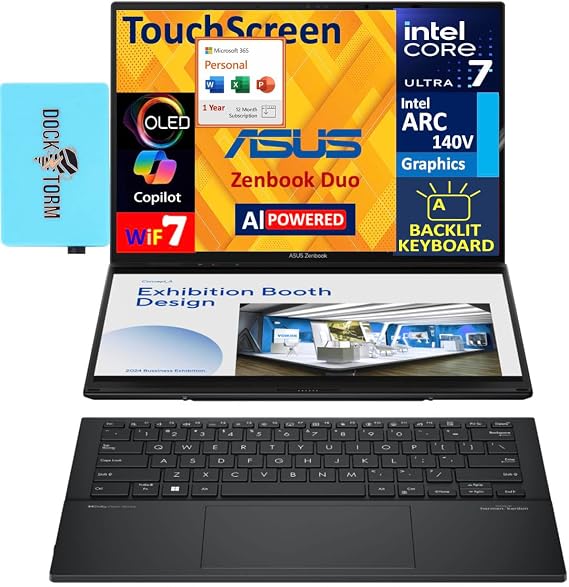 ASUS Zenbook Duo AI Powered 2-in-1 Laptop 14.0" Touchscreen OLED 2.8K Display (Intel Ultra 7-255H, 32GB LPDDR5X, 2TB PCIe SSD, Backlit KB, Win 11 Pro) w/MS 365 Personal, DKZ USB Port Expander