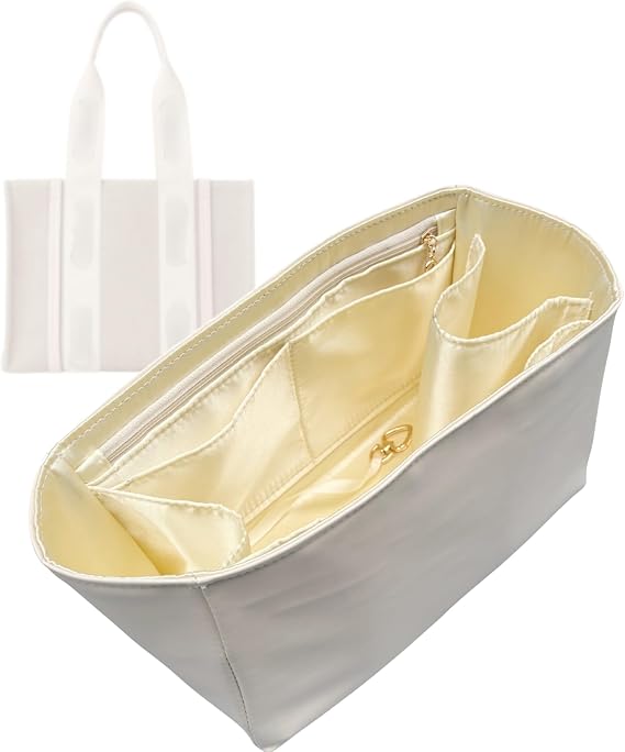 Satin Silk Lining Organizer for Chloe Woody Tote Small/Medium/Large, Waterproof Vegan Leather, Tote Bag Purse Insert with Zipper Pocket Water Bottle Holder (Large, Beige)
