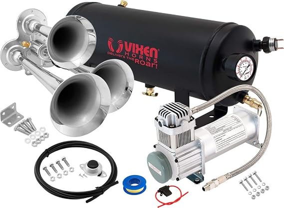 Vixen Horns Train Horn Kit, 3 Trumpets, 200 PSI Compressor, 1.5 Gallon Tank All-in-One Onboard Air Horn Kit, Super Loud dB, Fits 12V Vehicles Like Truck, Car, Semi, Pickup, SUV, Jeep VXO8315/3114C