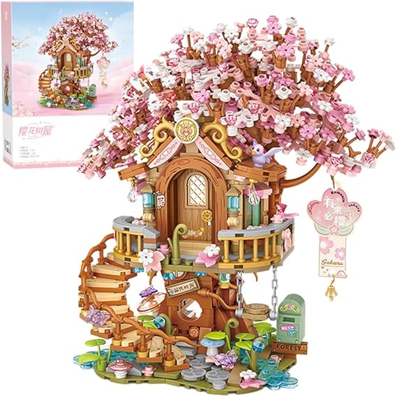 Cherry Blossom Treehouse Block Set, Traditional Chinese Harvest Village Shop Building Set, House Building Kit with Mini Figures, Construction Building Toy for Girls and Boys, 1149 PCS