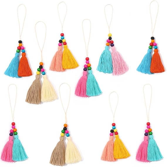 FZBNSRKO 10 Pcs Boho Pom Pom Tassels with Loop Assorted Colors Keychain Tassel Pendant Tassels for Craft DIY Projects Bookmark(Style 3)
